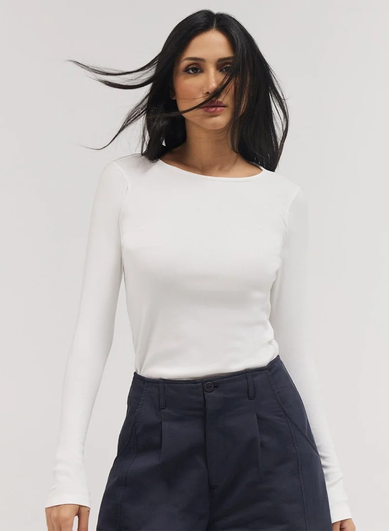 Zigzag Rib Long Sleeve Top - Off White